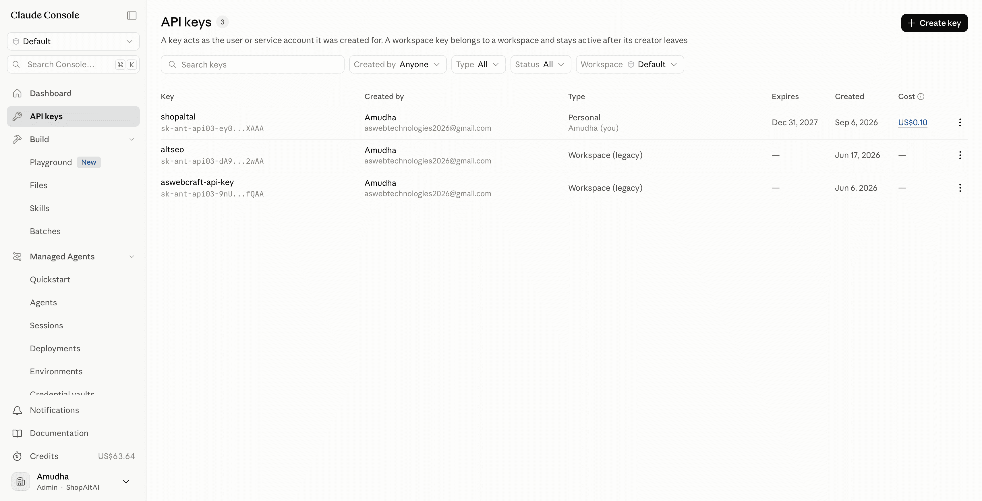 The Anthropic console API keys page