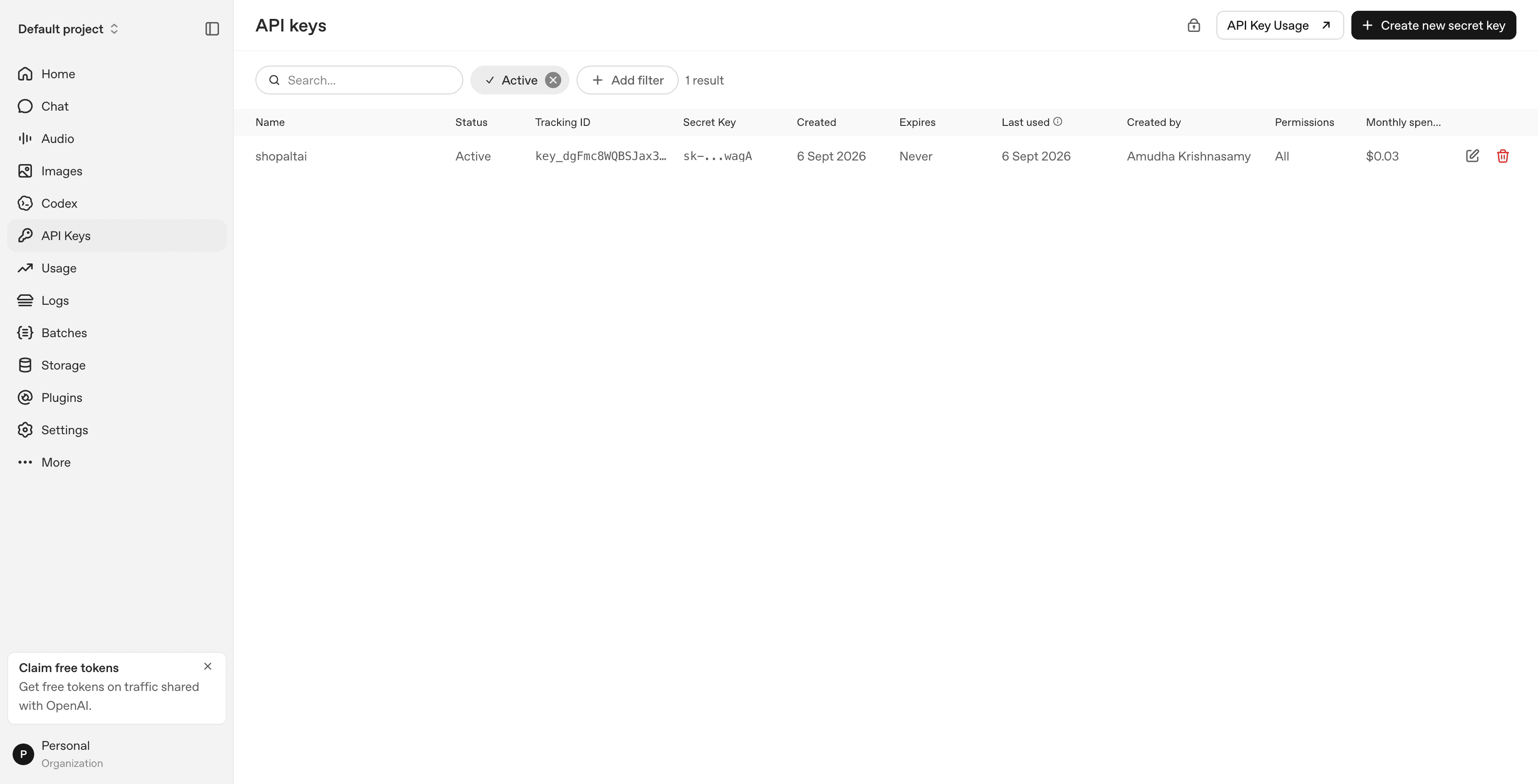 The OpenAI platform API keys page