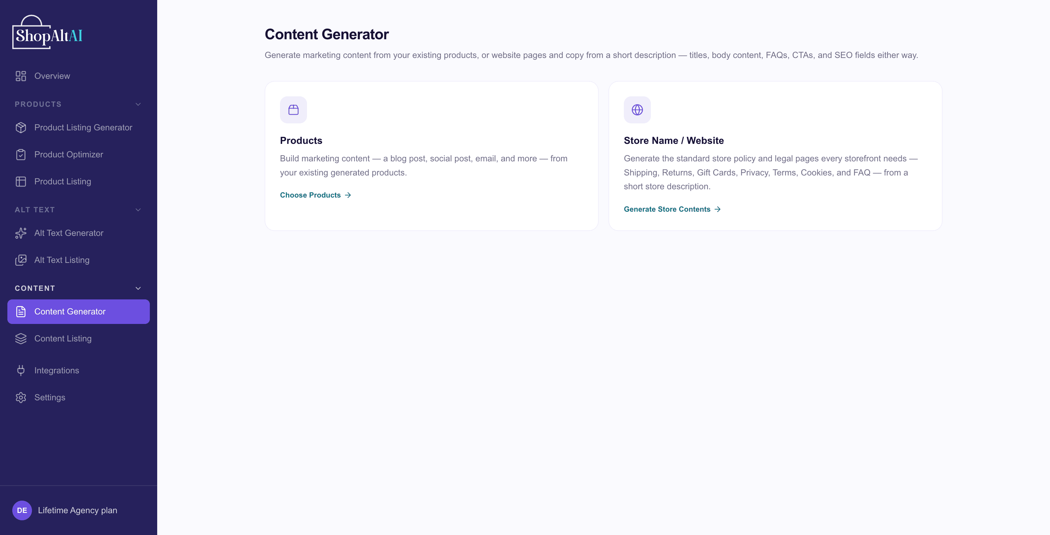 The Content Generator path chooser, showing the Products and Store Name/Website cards