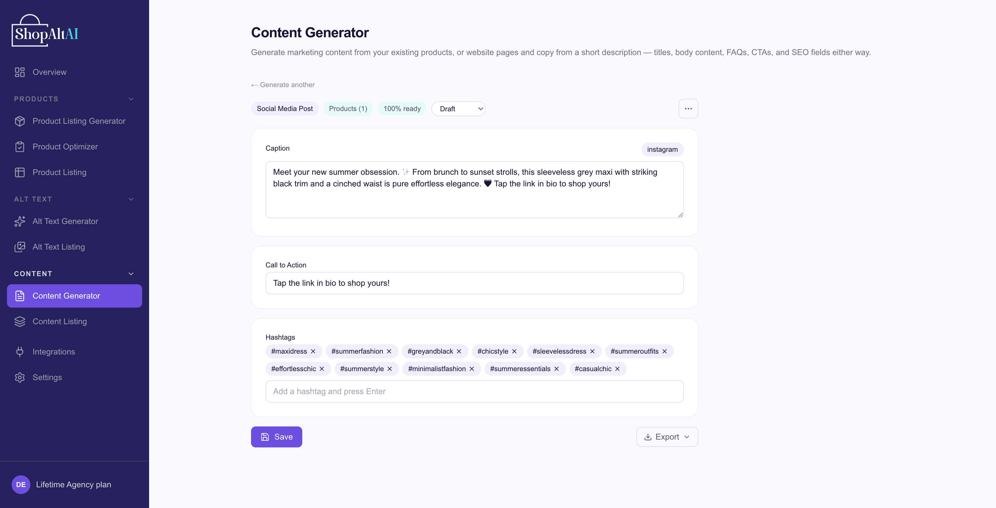A generated piece shown for review, with editable fields