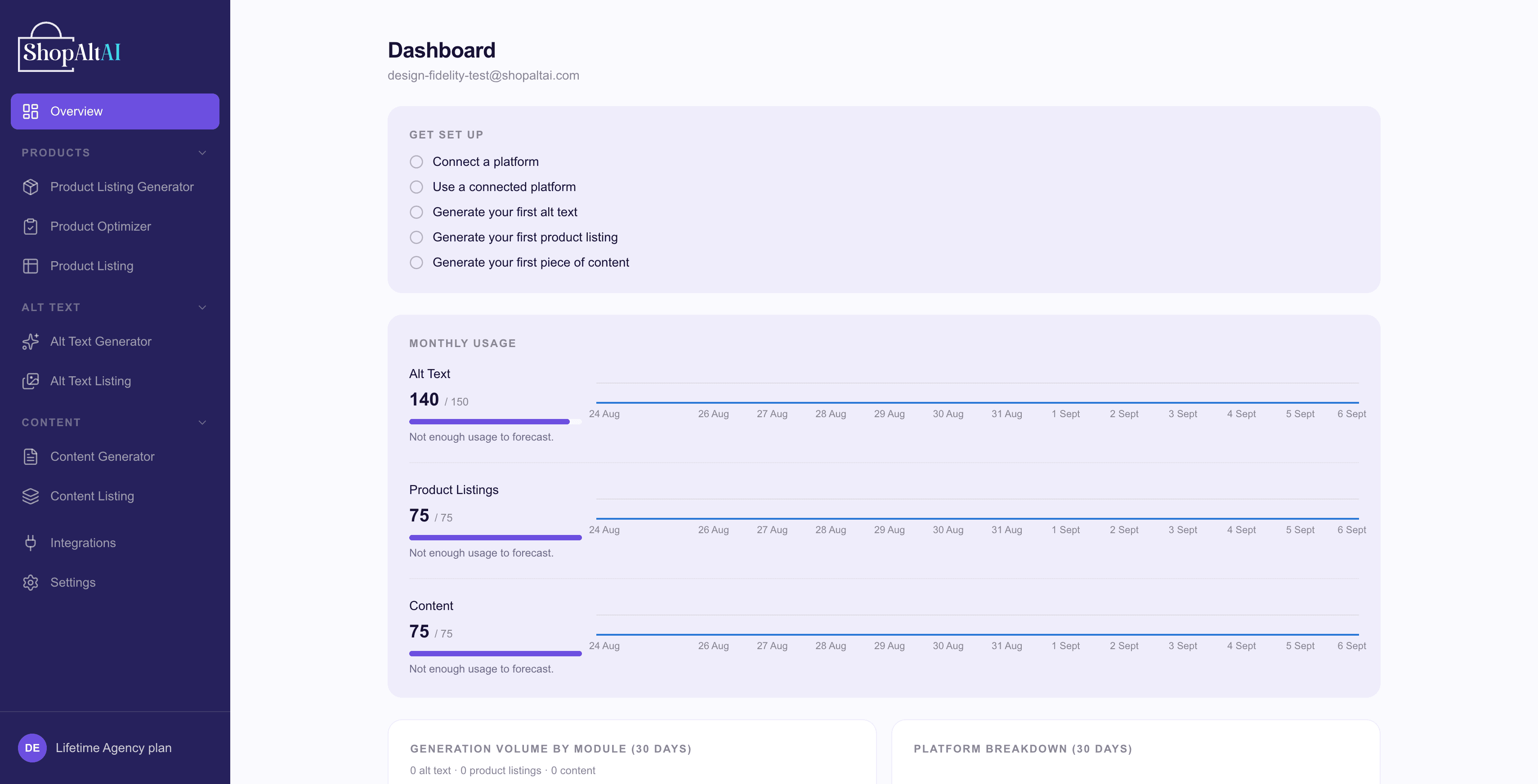 The ShopAltAI dashboard sidebar showing all menu sections expanded
