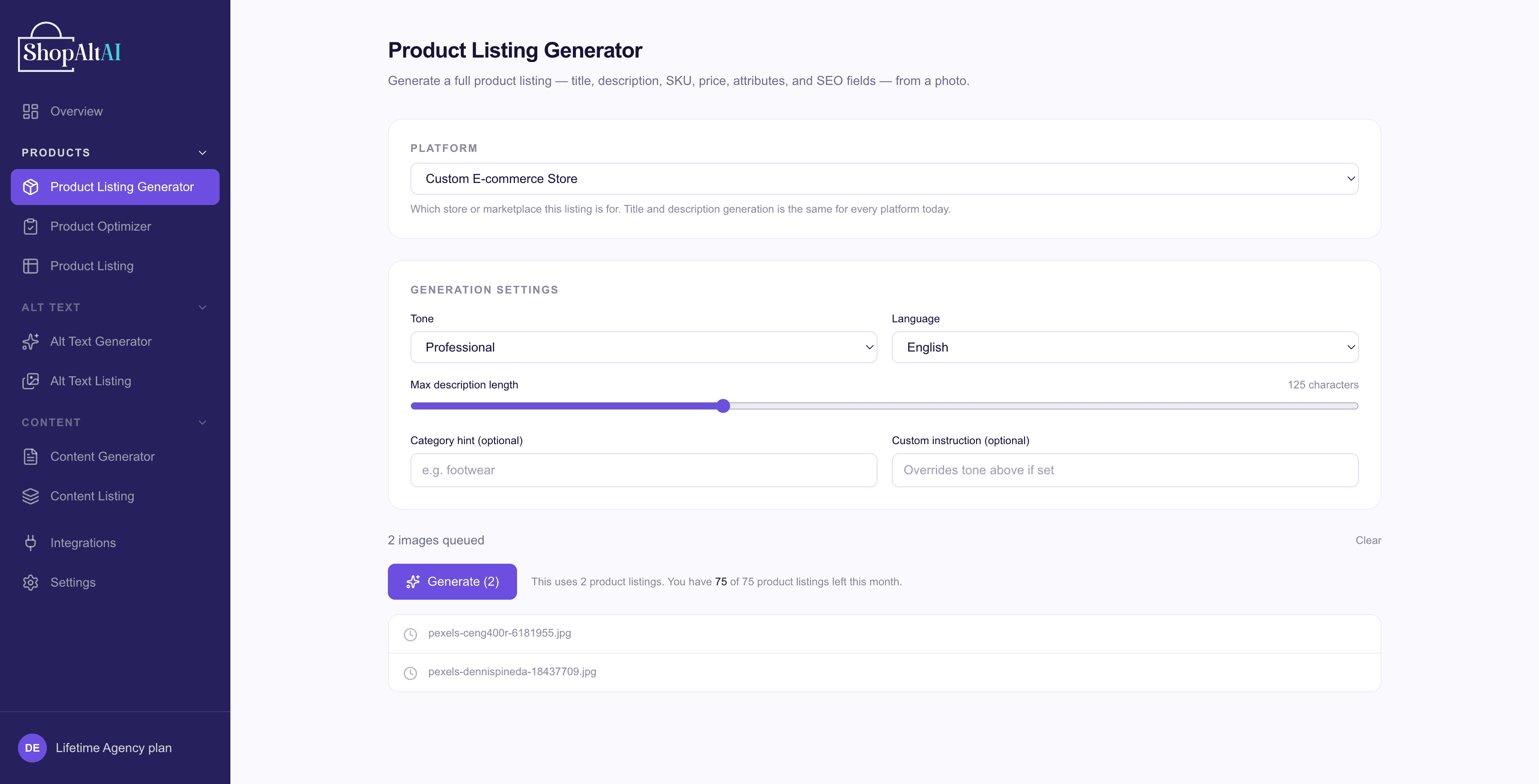 Product Listing Generator with a product photo uploaded and settings visible
