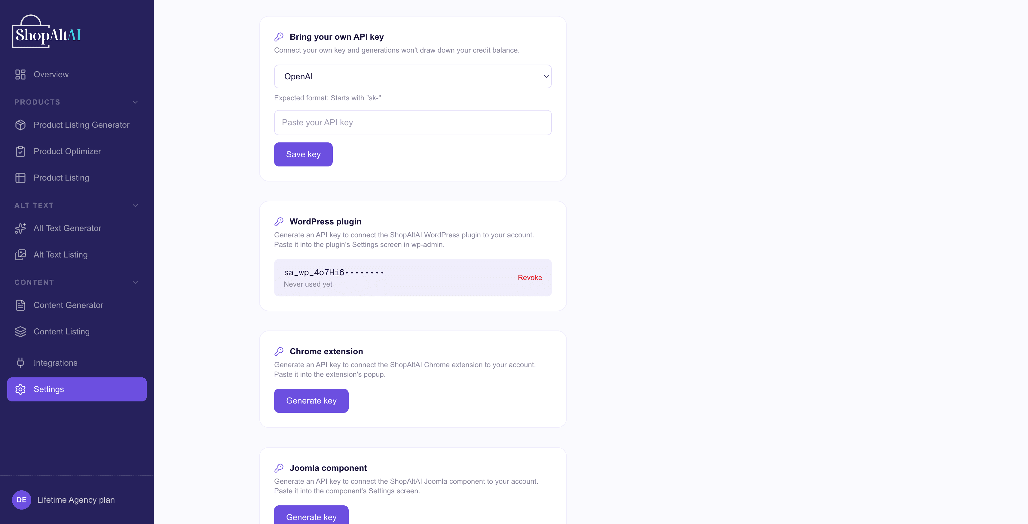The BYOK section in ShopAltAI Settings with a provider selected