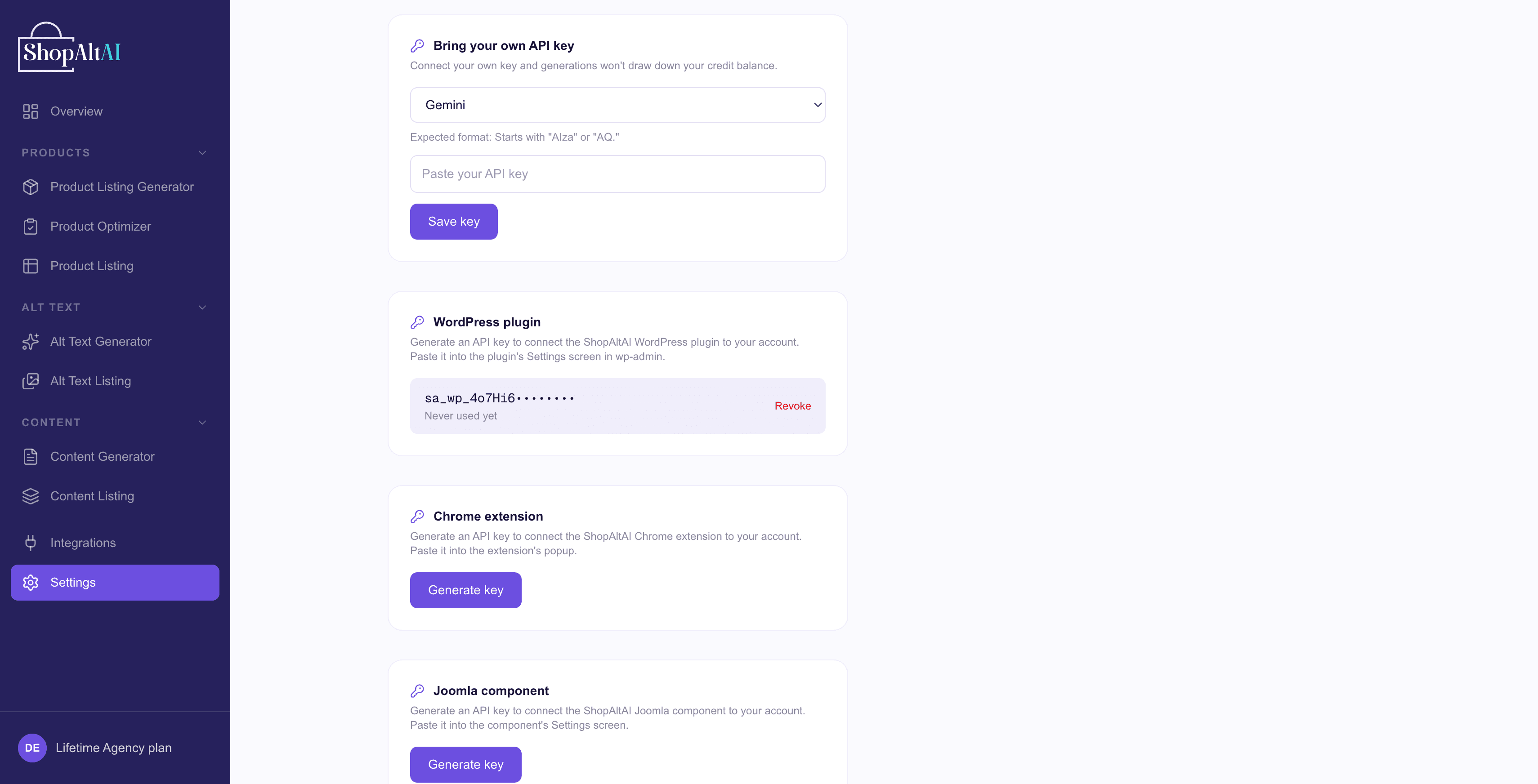 The Settings page showing integration key cards with a Generate key button