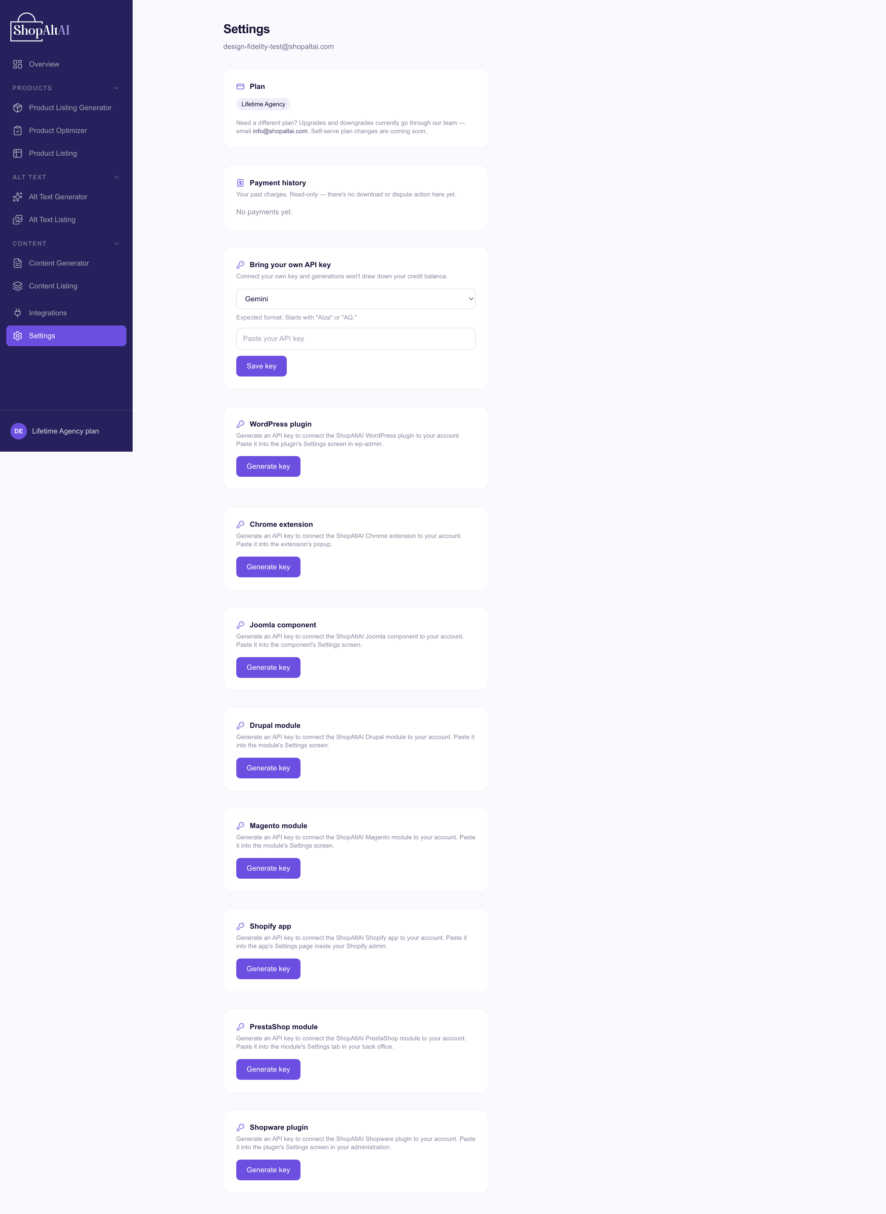 The ShopAltAI Settings page showing the main sections