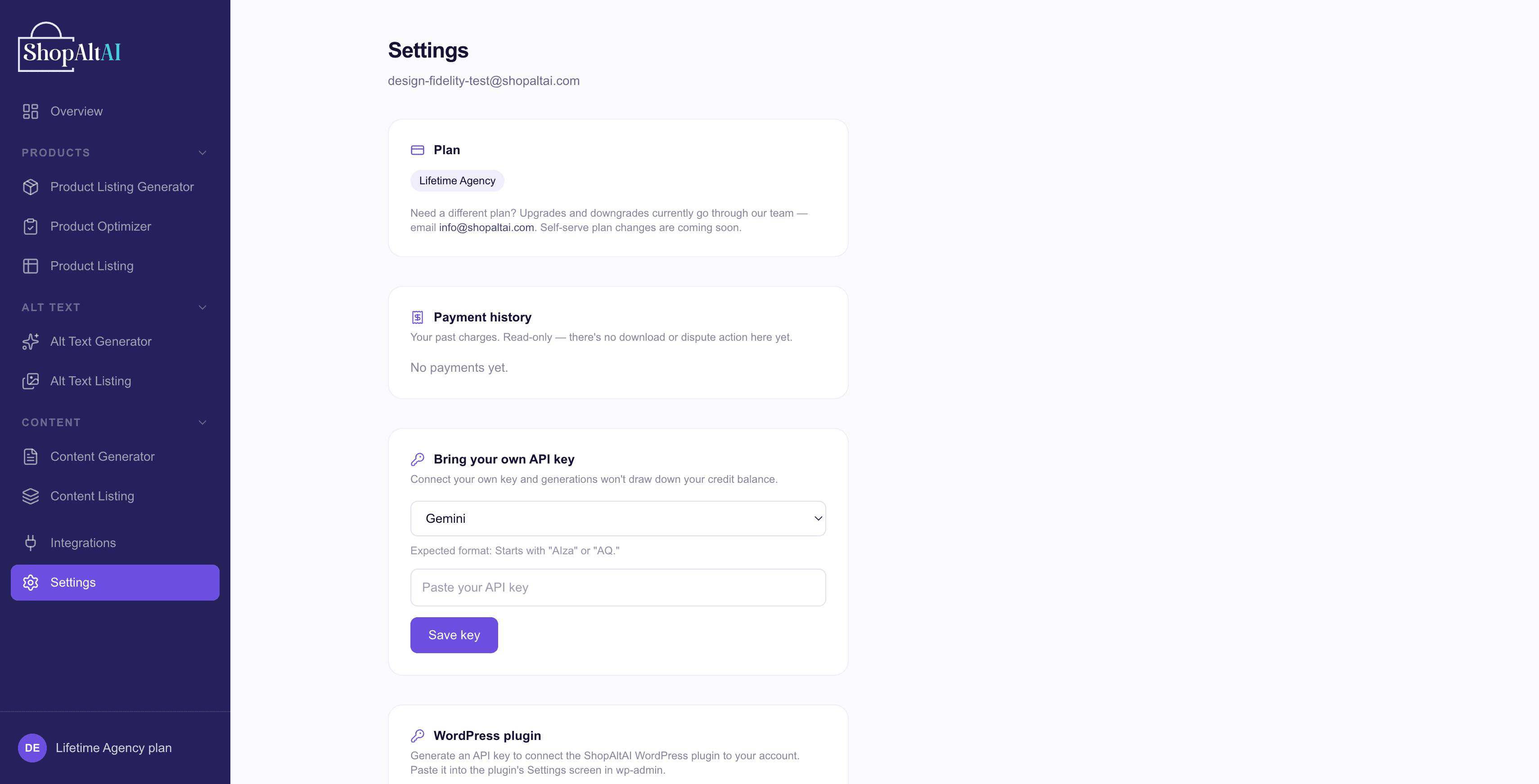 The Settings page showing plan and remaining allowance for each module