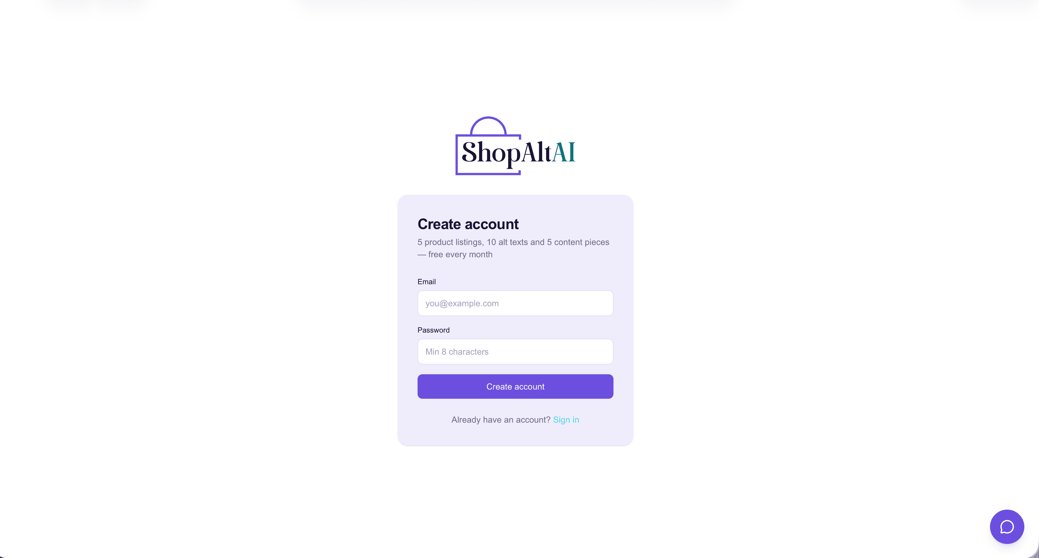 The ShopAltAI sign-up form with email and password fields
